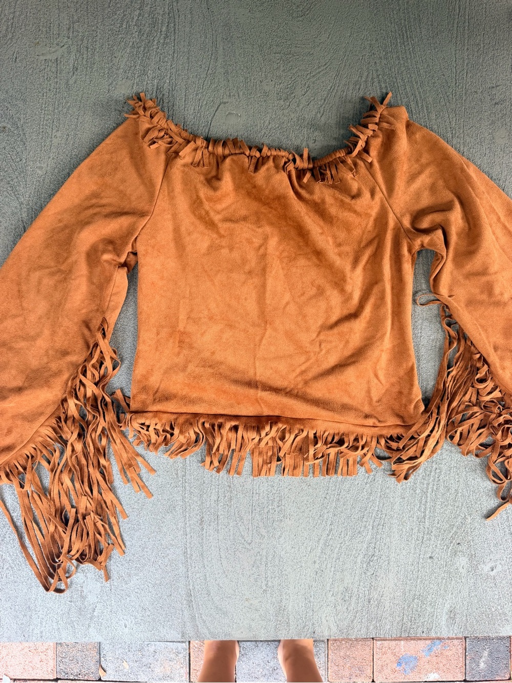 Rock & Roll Cowgirl Rust Fringe Off-Shoulder Tunic
